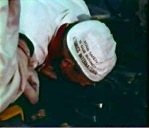 Atomics International worker peers into top of melted down core of Sodium Reactor Experiment in 1959 on land now owned by Boeing and still hot in 2015.