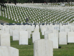 Homeless man in Los Angeles National Cemetery, background, holds a soldier's helmet aloft in this touching tableau.