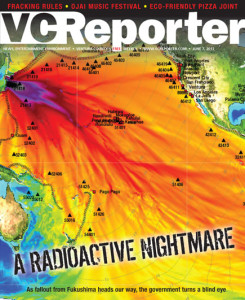 VC Reporter cover that falsely implies that radiation would spread across Pacific like this actual tsunami wave height map by NOAA shows