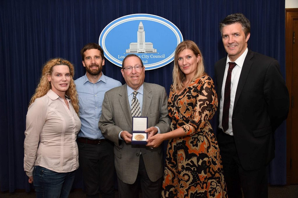 EnviroReporter.com's Denise Duffield and others with the 2017 Nobel Peace Prize in Los Angeles City Hall October 22, 2018.