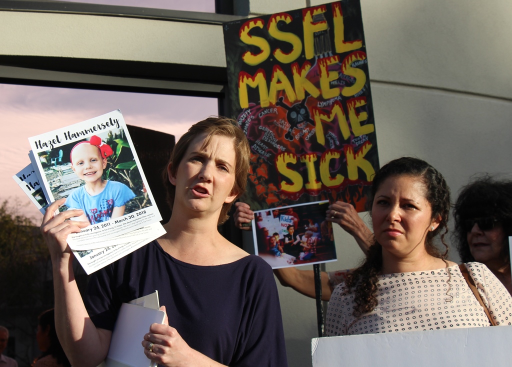 Melissa Bumstead, left, and  Martha Martinez-Bravo at DTSC SSFL meeting protest April 10, 2018